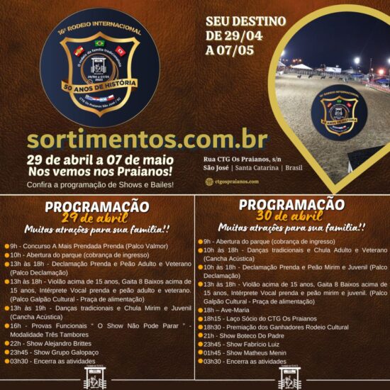Programação Rodeio Nacional do CTG Os Praianos em São José, na Grande Florianópolis (SC)