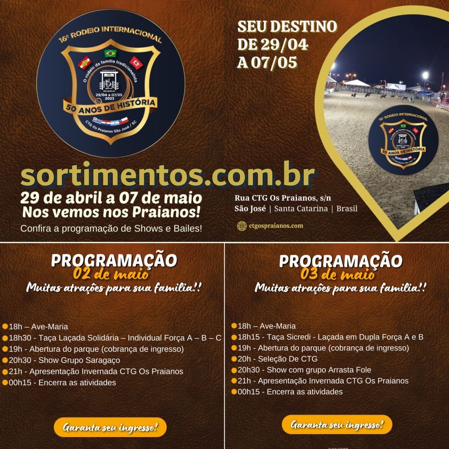 Programação Rodeio Nacional do CTG Os Praianos em São José, na Grande Florianópolis (SC)