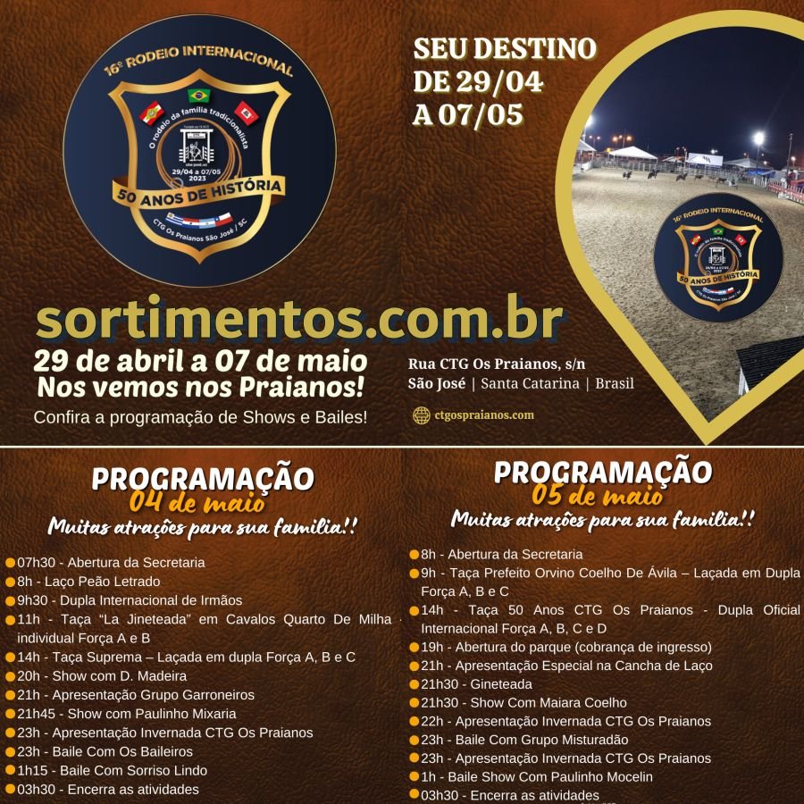 Programação Rodeio Nacional do CTG Os Praianos em São José, na Grande Florianópolis (SC)