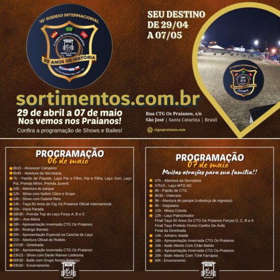 Programação Rodeio Nacional do CTG Os Praianos em São José, na Grande Florianópolis (SC) : shows, gastronomia e competições artísticas e campeiras