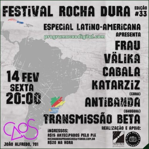 Festival Rocha Dura no Caos Bar terá apresentações das bandas Antibanda, Cabala, Frau, Katarziz, Transmissão Beta e Välika
