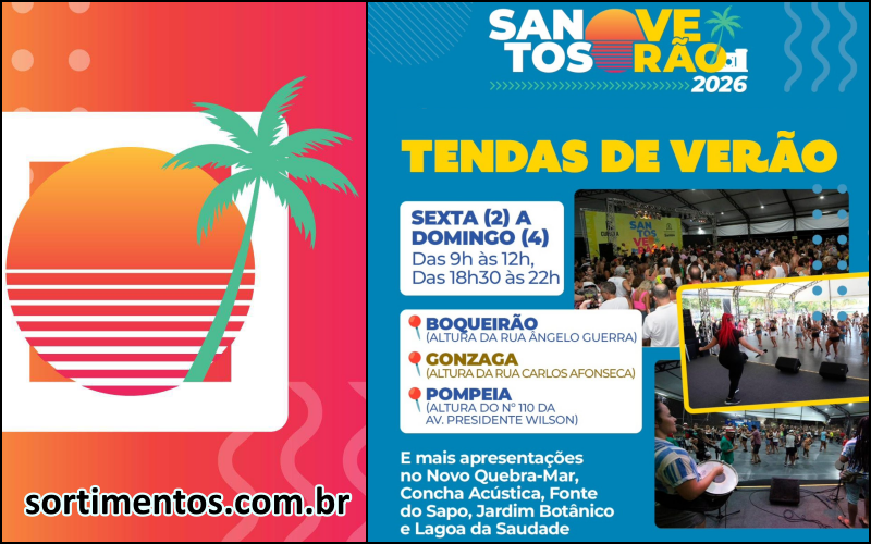 Verão 2026 em Santos no litoral paulista : programação nas Tendas de Verão nas praias da Pompeia, Gonzaga e Boqueirão