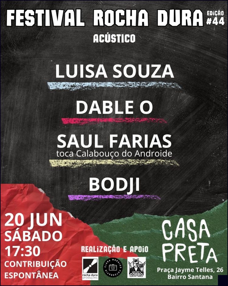 Festival Rocha Dura : show autoral de rock com Dable O, Luisa Souza, Saul Farias e Bodji no Casa Preta Estúdio em Porto Alegre - programacaodigital.com